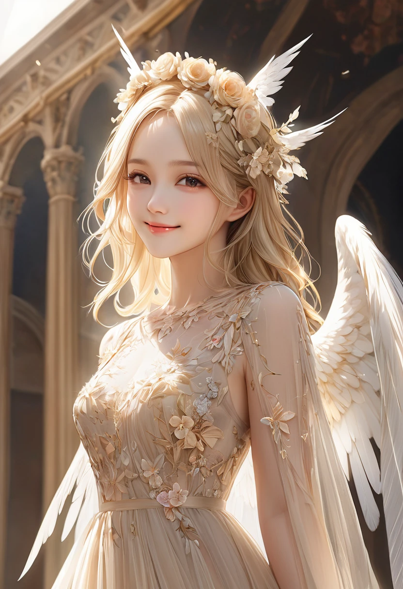( Anatomy is quite accurate ) One is wearing a beige gauze dress、With wings、Woman with beige light blond hair wearing flower crown( perfect anatomy ) Translucent wings, Beautiful angel wings,Extremely detailed close up of smiling female angel in flowing gauze dress elegant、Beautiful masterpieces, meticulous depictions, extremely delicate works of art, ultra-precision art,Stunning digital art