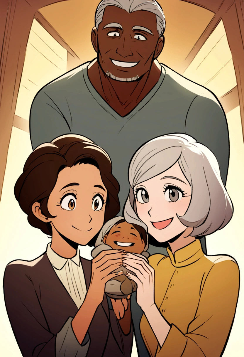 An illustration of a lovely couple in their 50s, Featuring a smiling brown-skinned man and a brunette woman with beautiful expressive eyes – the man's skin is brown and the man's hair is gray, while the woman's skin is mulatto and the woman's hair is straight and gray. They are a bright room, each with a smile on their face, the two holding the image of a saint and sharing a special moment characterized by love, Perceptions. Illustrate this scene from a perspective where they are facing the camera, Smiling and showing your connection. Develop this art in Full HD, Focus on your cinematic flair, Estilo Disney Pixar Animations