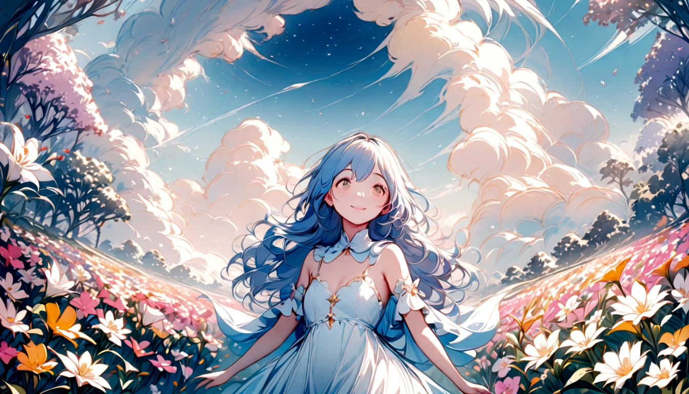 There is a girl standing in a flower field looking up at the sky, a girl standing in a flower field, a girl walking in a flower field, lost in a dreamy wonderland, standing in a flower field, fantastic digital painting, the sky gradually clears, the starry sky gradually recedes, smile, beautiful, sexy