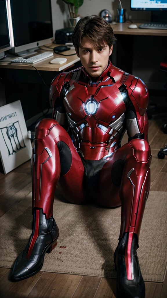 Ultron from the Avengers but sitting on the floor looking at the computer