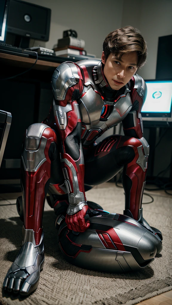 Ultron from the Avengers but sitting on the floor looking at the computer