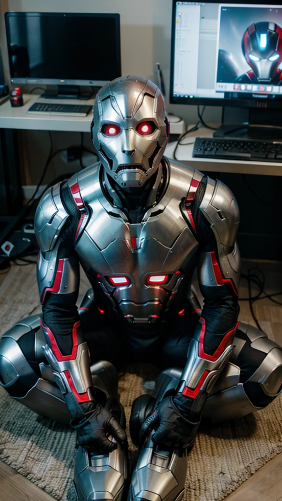 Ultron from the Avengers but sitting on the floor looking at the computer 

