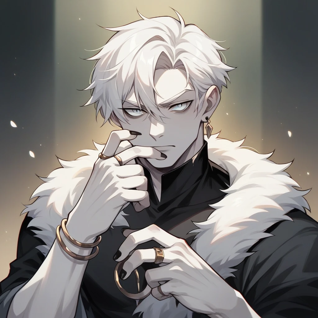 depicts a character with pale skin and white hair. He wears fur clothes, suggesting a cold environment. The character extends a hand towards the viewer, with black nails and rings adorning the fingers. One of the rings has a large dark stone.a Na'vi woman with pale greyish-white skin, with golden eyes, long straight white hair,tall and thin body,your eyebrows are white,Your eyelashes are white and large, slightly pink lips, wild and serious look, firm warrior stance, closed jaw, she is young,He wears an earring made from a wolf's claw in his left ear.