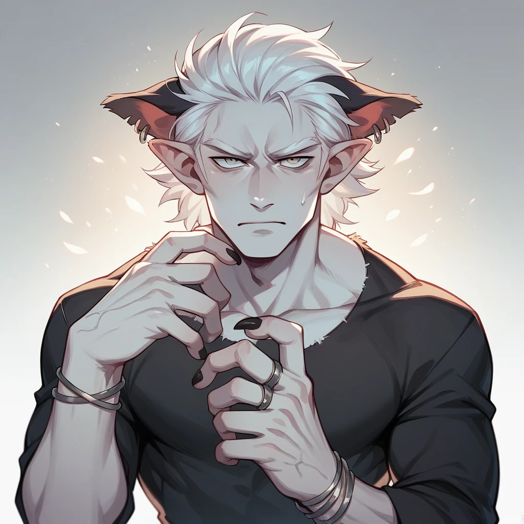 depicts a character with pale skin and white hair. He wears fur clothes, suggesting a cold environment. The character extends a hand towards the viewer, with black nails and rings adorning the fingers. One of the rings has a large dark stone.a Na'vi woman with pale greyish-white skin, with golden eyes, long straight white hair,tall and thin body,your eyebrows are white,Your eyelashes are white and large, slightly pink lips, wild and serious look, firm warrior stance, closed jaw, she is young,He wears an earring made from a wolf's claw in his left ear.