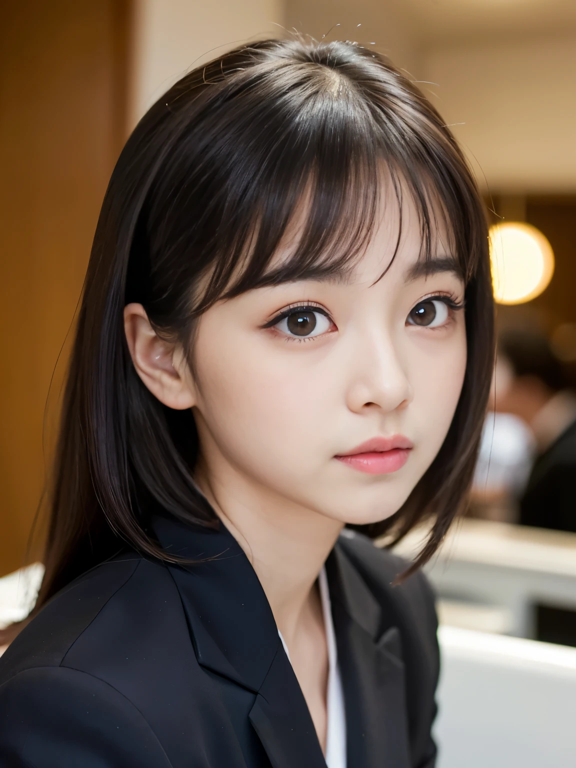 (Best-quality, Masterpiece, Ultra-High-Resolution, (Photorealistic:1.4), Raw Photo, depth of field, professional lighting, perfect anatomy, extremely details), 1girl, 15-years-old, the most famous Japanese idol, ((extremely cute face like the most popular Japanese idol, ((extremely cute and extremely big eyes)), extremely beautiful hair, extremely beautiful skins), extremely cute long-eyelashes, extremely cute lips),
(standing on Japanese bar),
((wearing black-formal-business-suit)),
ingesting copious amounts of illegal-drugs