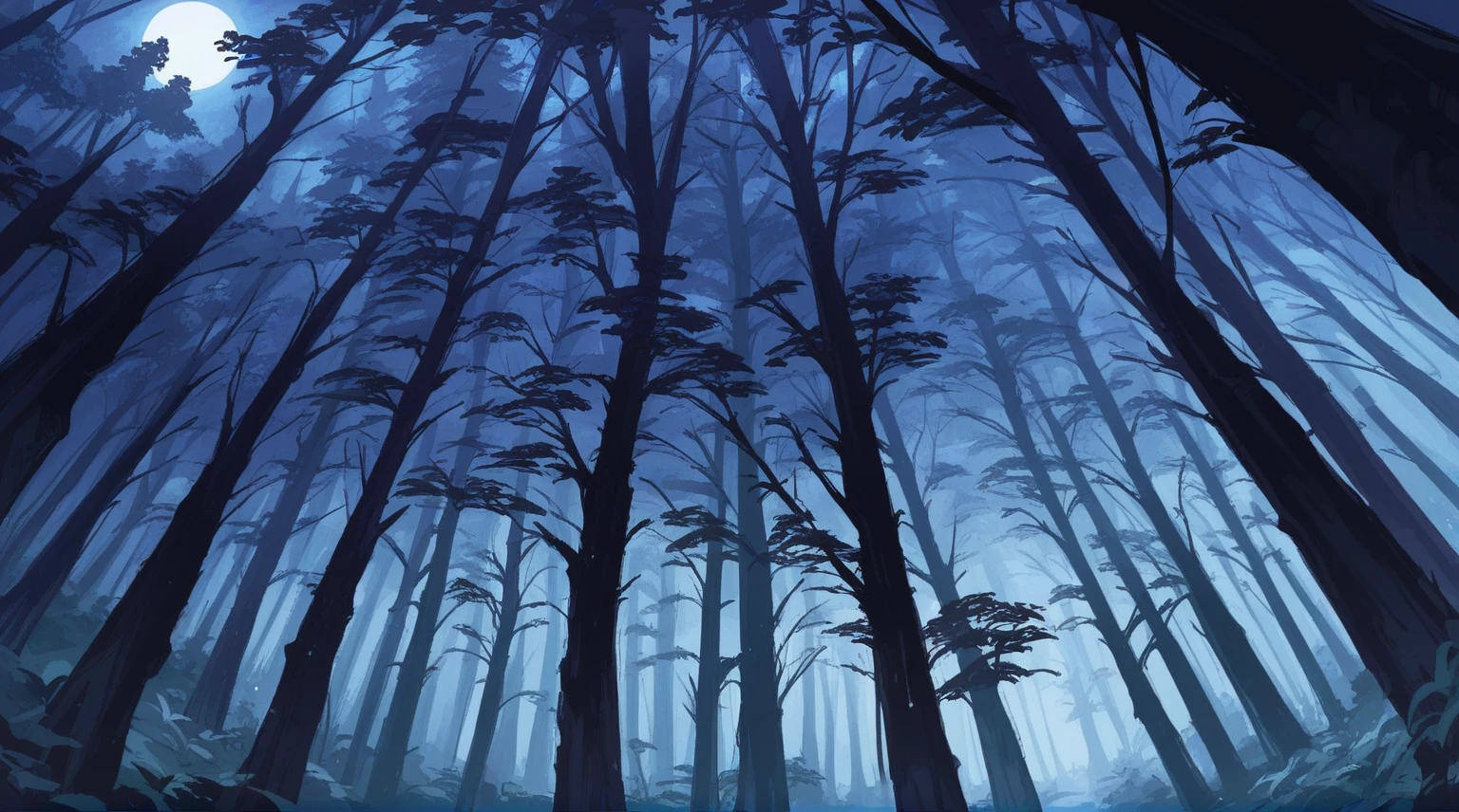 Tall Tree々and a painting of a forest with purple lights., an image of a Moonlight Forest, Night Forest, Night Forest, Deep forest at night, Blue Forest, foggy Night Forest, Moonlight Forest, Mysterious Forest, mysterious dense forest, Forest Night, 静かなForest Night景, Luminous Forest, dense lush Night Forest