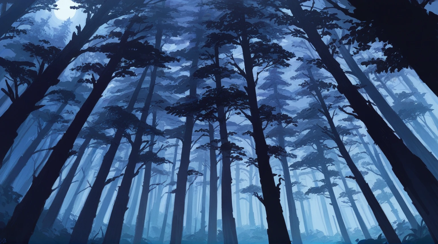 Tall Tree々and a painting of a forest with purple lights., an image of a Moonlight Forest, Night Forest, Night Forest, Deep forest at night, Blue Forest, foggy Night Forest, Moonlight Forest, Mysterious Forest, mysterious dense forest, Forest Night, 静かなForest Night景, Luminous Forest, dense lush Night Forest