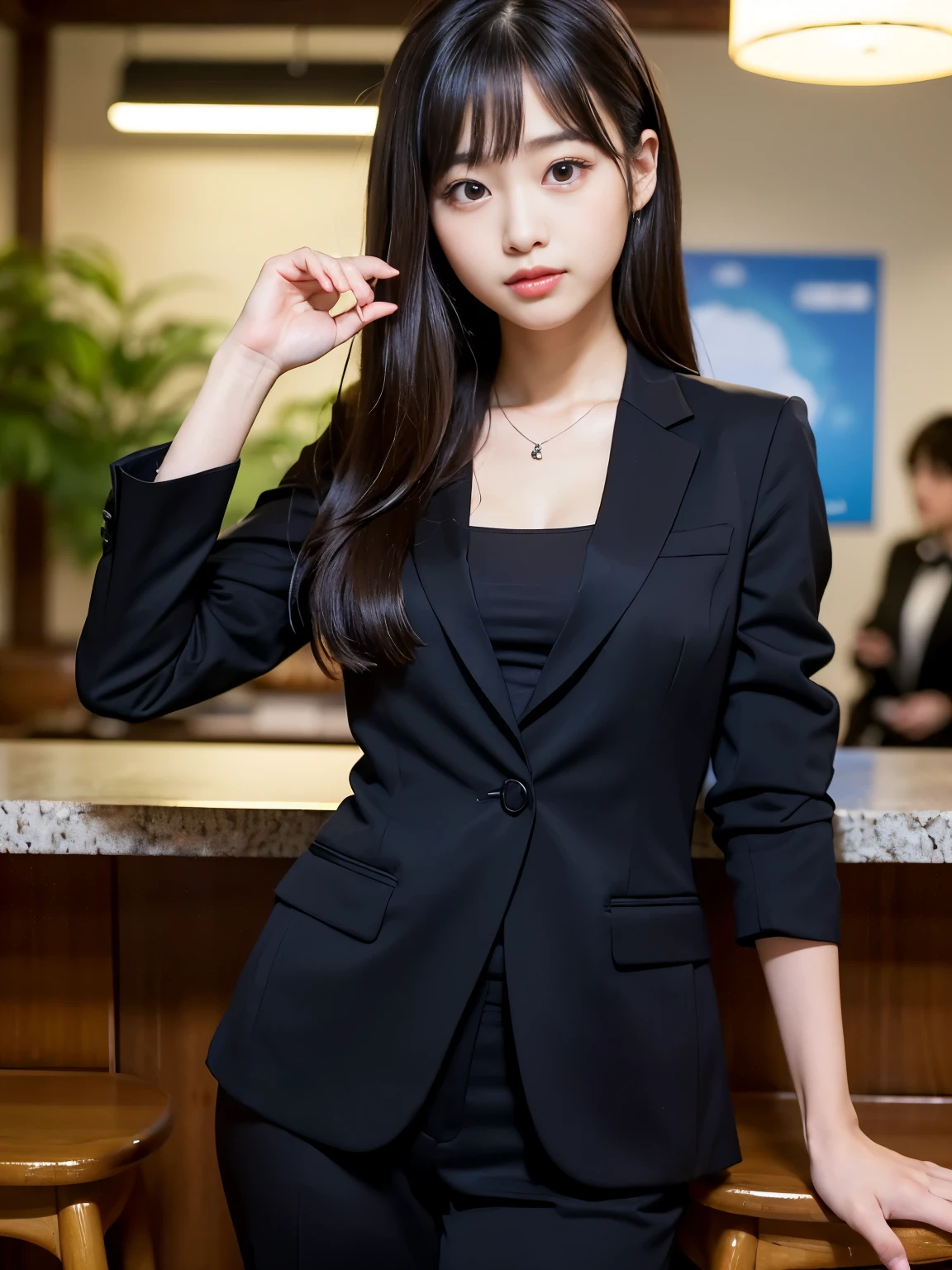 (Best-quality, Masterpiece, Ultra-High-Resolution, (Photorealistic:1.4), Raw Photo, depth of field, professional lighting, perfect anatomy, extremely details), 1girl, -yeld, thost famous Japanese idol, ((extremely cute face like the most popular Japanese idol, ((extremely cute and extremely big eyes)), extremely beautiful hair, extremely beautiful skins), extremely cute long-eyelashes, extremely cute lips),
(standing on Japanese bar),
((wearing black-formal-business-suit)),
ingesting copious amounts of illegal-drugs