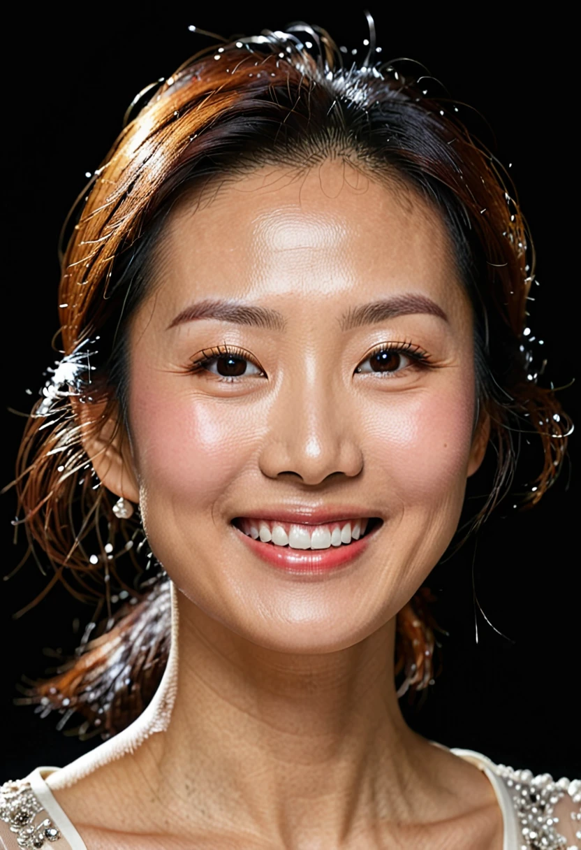face perfect, beautiful face of a 40 year old Korean woman, Smiling beautiful, with black background 