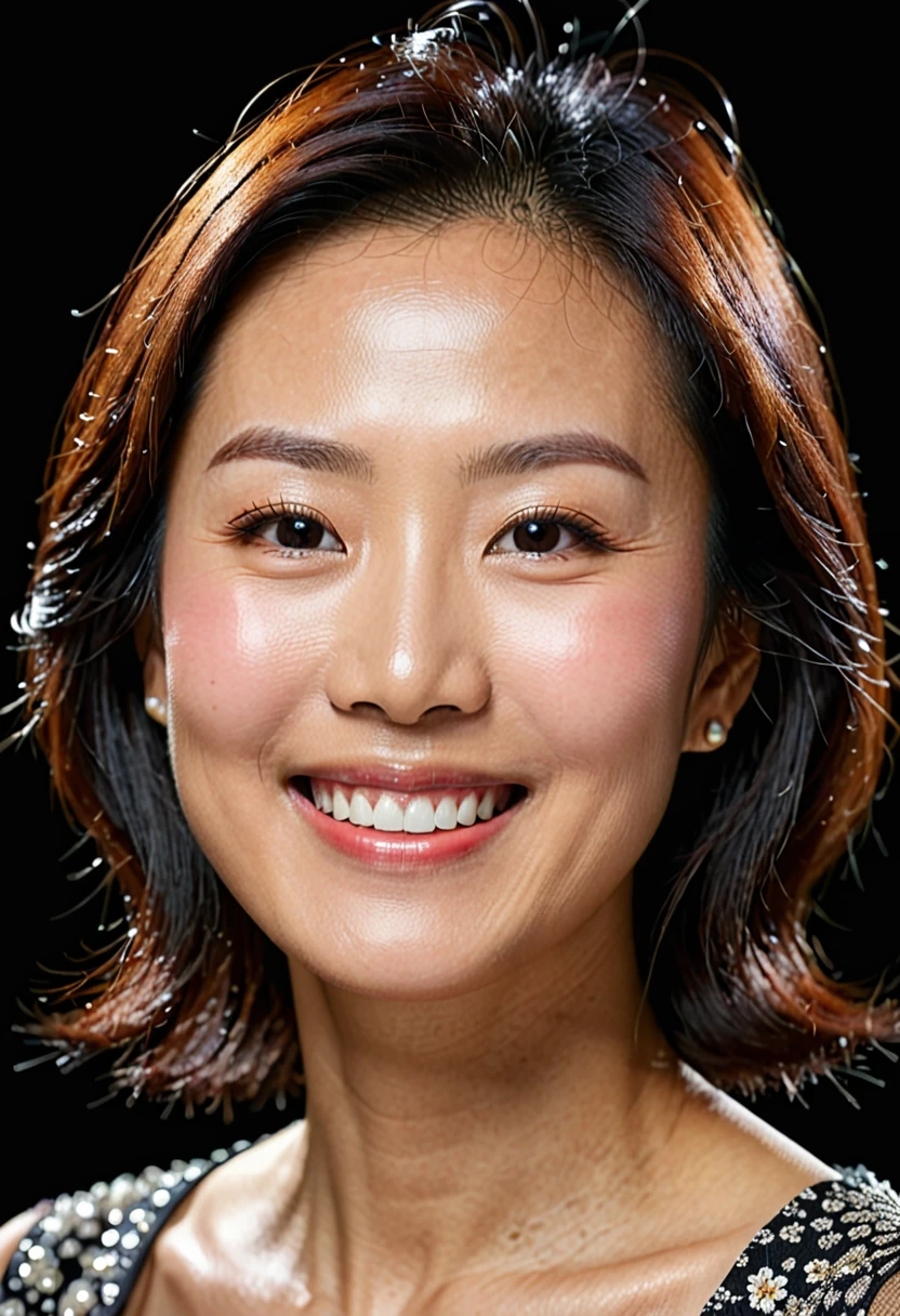 face perfect, beautiful face of a 40 year old Korean woman, Smiling beautiful, with black background