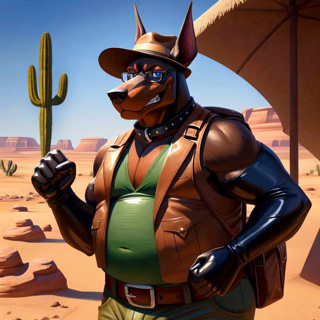 Male, fat, extremely obese, Doberman, blue eyes, (posing:1.3), (soft shading), 4k, hi res, ((detailed face, detailed)), looking at viewer, evil grin, desert, cactus, shirt, hat, male focus, Explorer Outfit, glasses, pants, bag, vest, backpack, sleeves rolled up, round eyewear, brown headwear, brown vest, Doberman is wearing a glossy leather dog collar around the neck, Doberman is wearing the leather collar and shirt and vest at the same time, Doberman is wearing glossy white rubber gloves on the hands, gloves are rubber in texture, clenching teeth, clenching fists, leather collar is glossy and shiny with a lot of detail.