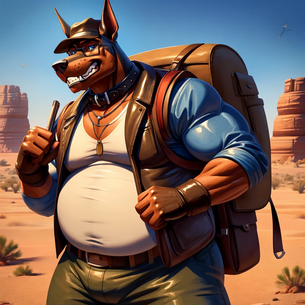 Male, fat, extremely obese, Doberman, blue eyes, (posing:1.3), (soft shading), 4k, hi res, ((detailed face, detailed)), looking at viewer, evil grin, desert, cactus, shirt, hat, male focus, Explorer Outfit, glasses, pants, bag, vest, backpack, sleeves rolled up, round eyewear, brown headwear, brown vest, Doberman is wearing a glossy leather dog collar around the neck, Doberman is wearing the leather collar and shirt and vest at the same time, Doberman is wearing glossy white rubber gloves on the hands, gloves are rubber in texture, clenching teeth, clenching fists, leather collar is glossy and shiny with a lot of detail.