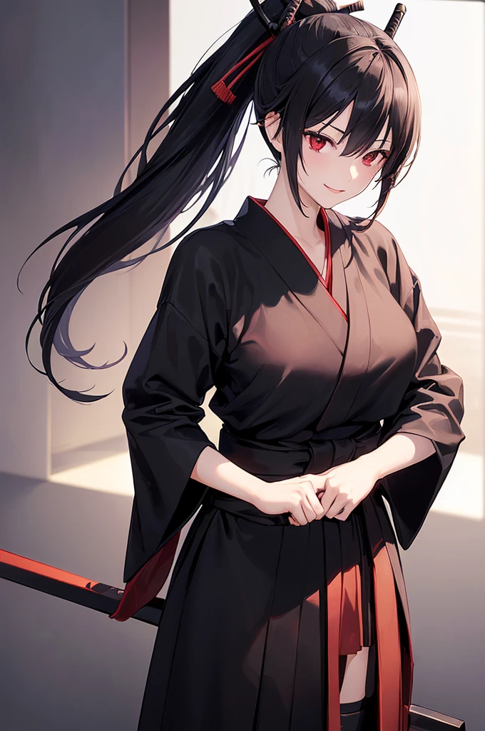 (masterpiece; best quality: 1.2), (finely detailed eyes: 1.3), ((25 year old woman)), ((solo)), (red eyes: 1.4), (body; lithe, slender, femenine: 1.3), (black hair in ponytail: 1.3), (beautiful and clear background: 1.2), ((depth of field)), (clothes: ronin attire + black hakama + black sash: 1.3), (anime illustration: 1.2), (background composition; kendo dojo + night time: 1.1), (extremely fine and beautiful: 1.1), (shot composition; standing + centered on torso + close-up: 1.5), (expression; calm, smile: 1.2)