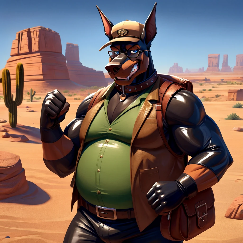 Male, fat, extremely obese, Doberman, blue eyes, (posing:1.3), (soft shading), 4k, hi res, ((detailed face, detailed)), looking at viewer, evil grin, desert, cactus, shirt, hat, male focus, Explorer Outfit, glasses, pants, bag, vest, backpack, sleeves rolled up, round eyewear, brown headwear, brown vest, Doberman is wearing a glossy leather dog collar around the neck, Doberman is wearing the leather collar and shirt and vest at the same time, Doberman is wearing glossy white rubber gloves on the hands, gloves are rubber in texture, clenching teeth, clenching fists, leather collar is glossy and shiny with a lot of detail.