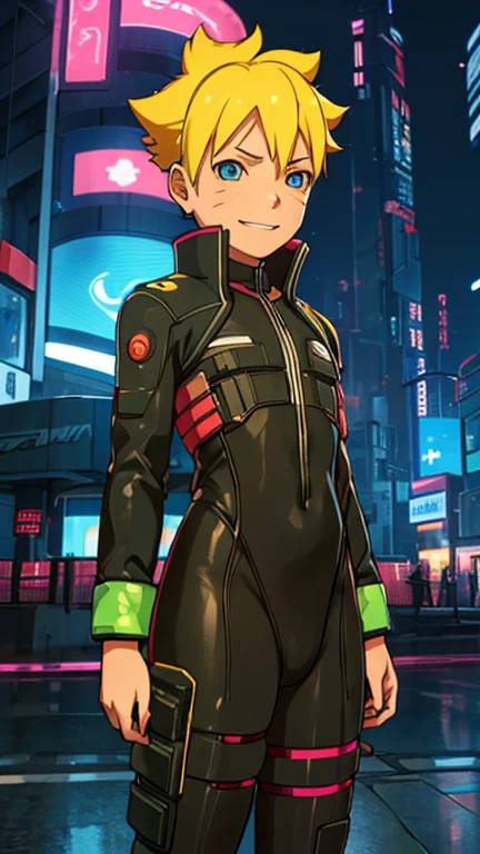 (8k),(masterpiece),(Japanese),(13-year-old boy),((innocent look)),((Childish)),From the front,smile,cute,Innocent,Kind eyes,Flat chest, Uzumaki Boruto wearing cyberpunk bodysuit,Short,Hair blowing in the wind,Yellow Hair,Strong wind,night,dark, Neon light cyberpunk Konoha Space Station 