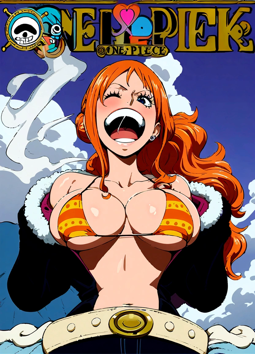 a cartoon picture of a woman in a bikini top and jeans, nami one piece, nami from one piece, nami, beautiful portrait of nami, from one piece, oppai, blue eyes, smoking, ponytail, nsfw