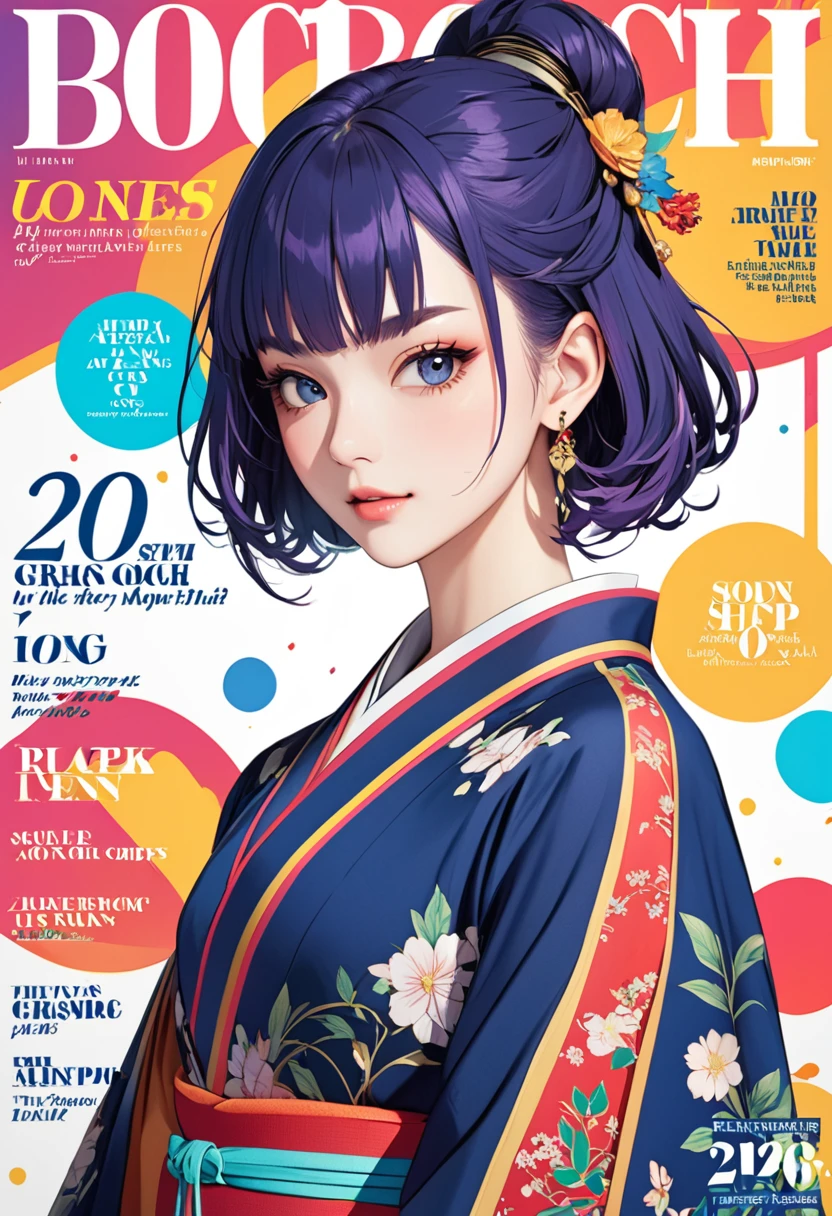 (masterpiece, ultra detailed,best quality),
popart style,(fashion magazine cover:1.3),A girl wearing an aristocratic kimono from the Heian period,(,cute,detailed face,(darkblue wavy-short hair),parallel eyebrows),
