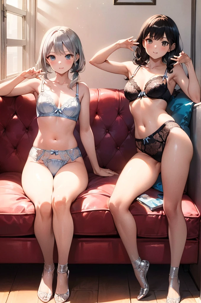 Two Girls, (masterpiece:1.8),(Highest quality:1.8),(Very detailed:1.8),(8K:1.8),(Ultra-fine Illustration:1.5),,,Straight low twintail,Flat Chest,Small Ass,(High-grade metallic silver,,lingerie:1.4),(Friendly pose:1.5),Vintage sofa,,(Full body angle),, Rainbow gradient,