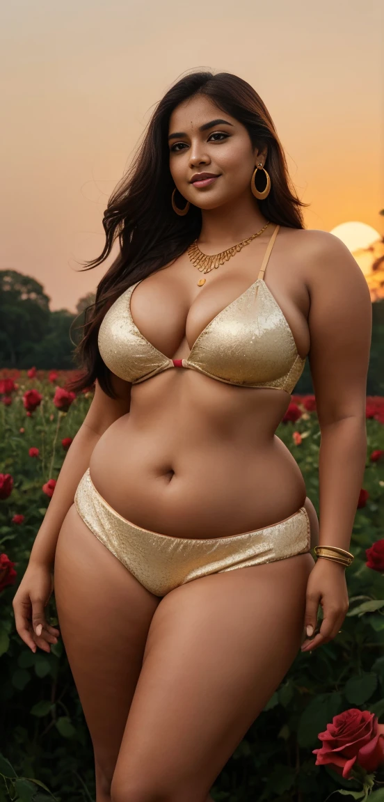 A indian curvy woman chubby broad face is standing in a field of red rose flowers at sunset, wearing a light red rose bikini outfit consisting of a crop bra and shorts. She has long, flowing dark hair, gold earrings, a necklace, and gold bangles. The sky is a gradient of warm hues, and trees are visible in the background. Lusty smile chubby face