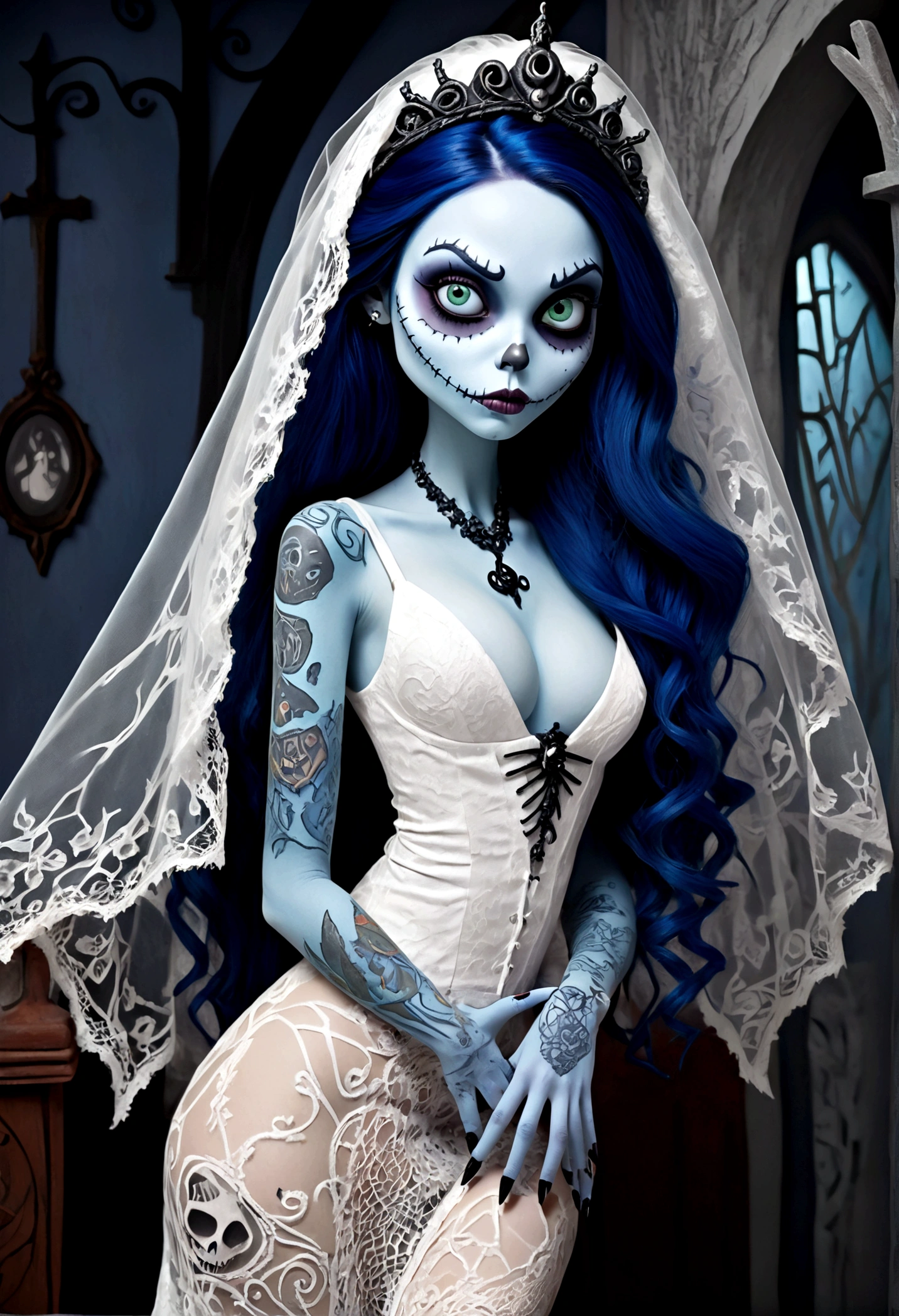 Create a hyper detailed photograph of a nightmare before Christmas tattooed young sexy Emily the Corpse Bride, Stunningly perfect gorgeous face, perfect makeup, detailed vibrant eyes, long hair, beautiful perfect, big beautiful perfect arms, realistic torso, detailed silky smooth skin, big breast, perfect round ass,nightmare before Christmas sexy seductive lace thong, back to viewer looking forward,