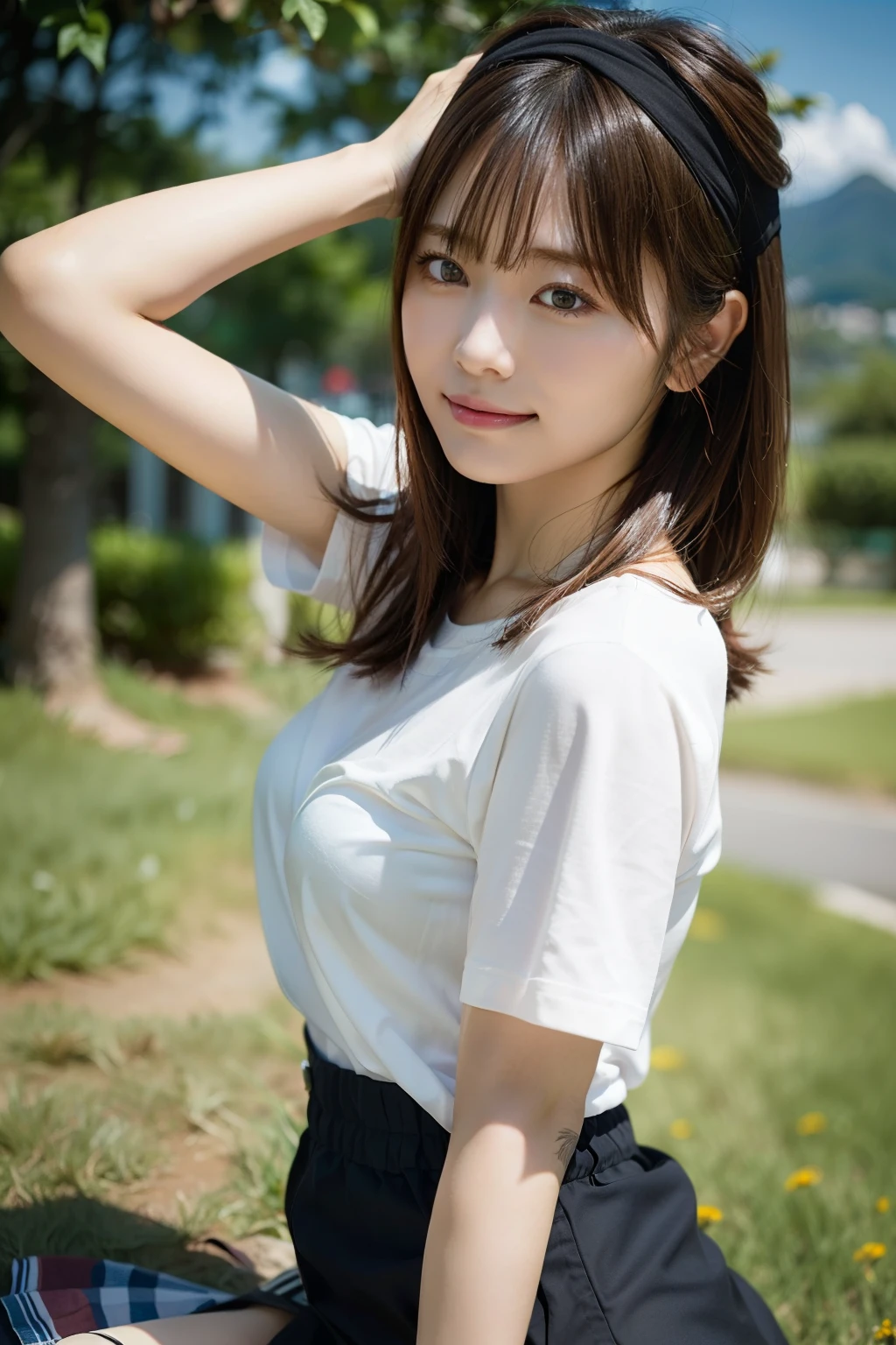 In 8K,highest quality:1.4, 超A high resolution:1.5, (Realistic:1.4),masterpiece:1.2,(highest quality:1.4)、 RAW Photos、(The background is blurred), On top of a hill with a great view:1.4、blue sky、grass、Full Body Shot:1.8、 1 Japanese girl, cute, (alone), (A shy smile), Smooth skin、(Age 35:1.2)、Ｔshirt、stand、Check mini skirt、cute mini skirt、Beautiful feet、Thin legs、 (Brown medium hair,bangs), (Touching your hair:1.4)、Nogizaka、cute、Flexible fingertips,Beautiful dark eyes、Natural skin texture:1.3, Realistic eye and facial details:1.7、Mid-breasted、Staring at the audience、gravure、Low angle、Headband、Scenic