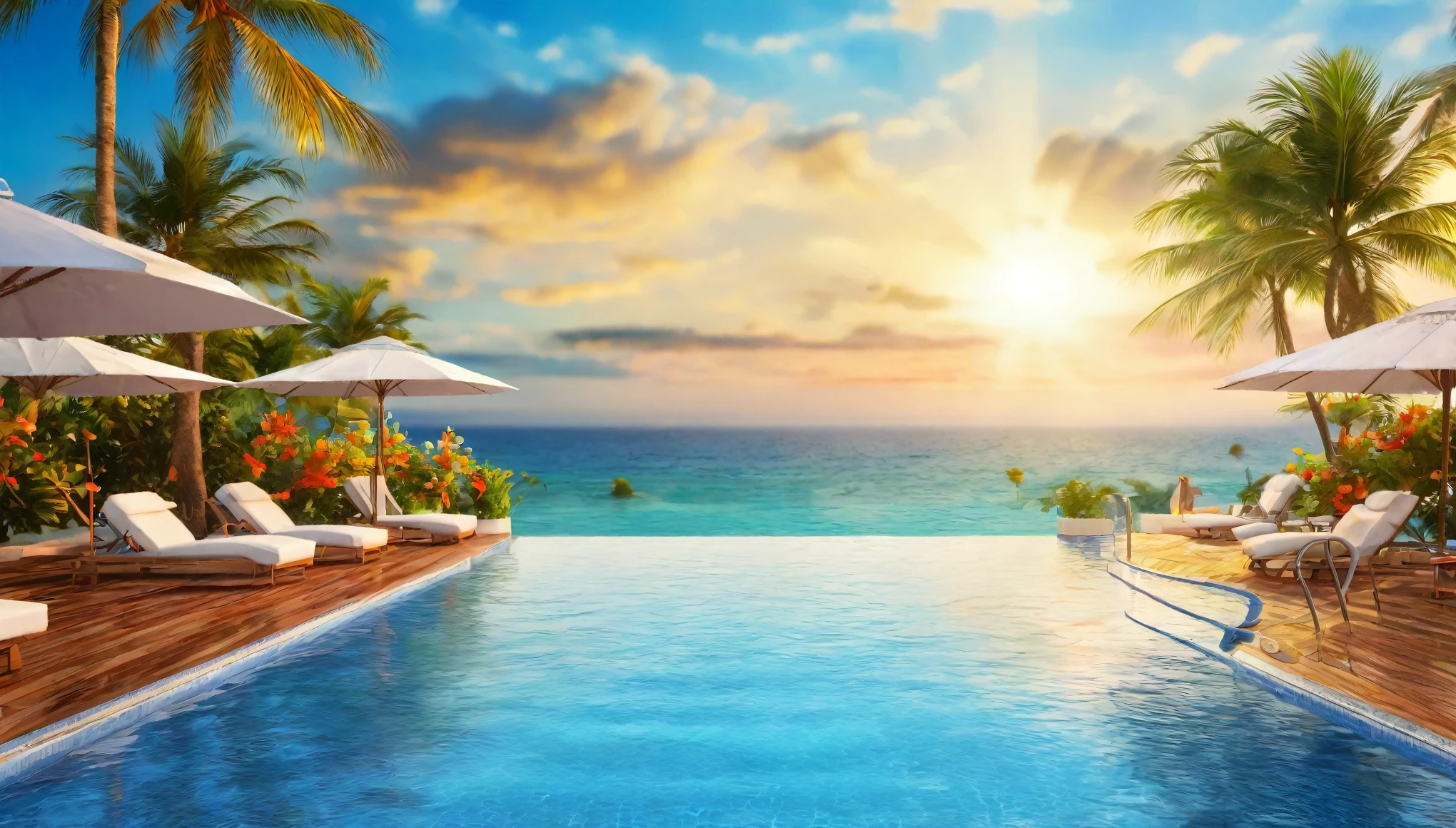 Resort hotels,Pool,Summer sky,Blur the background,Glitter effect,Highest quality, 8K, High resolution, masterpiece:1.2, Very detailed, Realistic:1.37, High resolution, 超High resolution, Ultra-fine painting, Very detailed, Professional, Vibrant colors