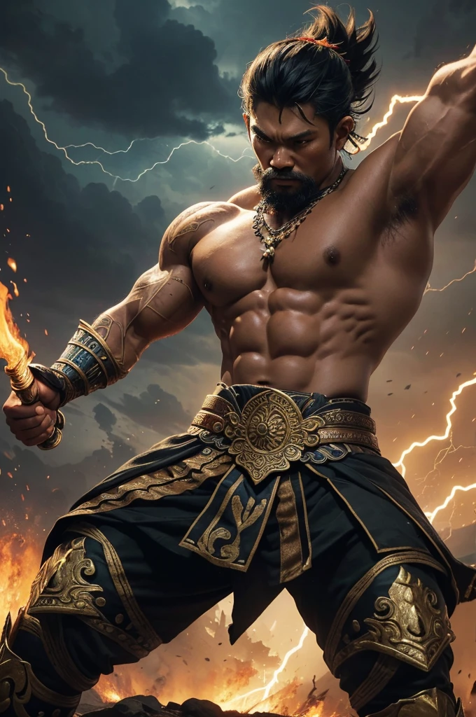 ((best quality)), ((masterpiece)), (detailed), create very detailed images of A powerful warrior in Javanese mythology, associated with thunder and lightning, and renowned for his strength and bravery. He is often depicted as a fierce warrior who defends people from danger, and his stories are full of epic battles and heroic feats.