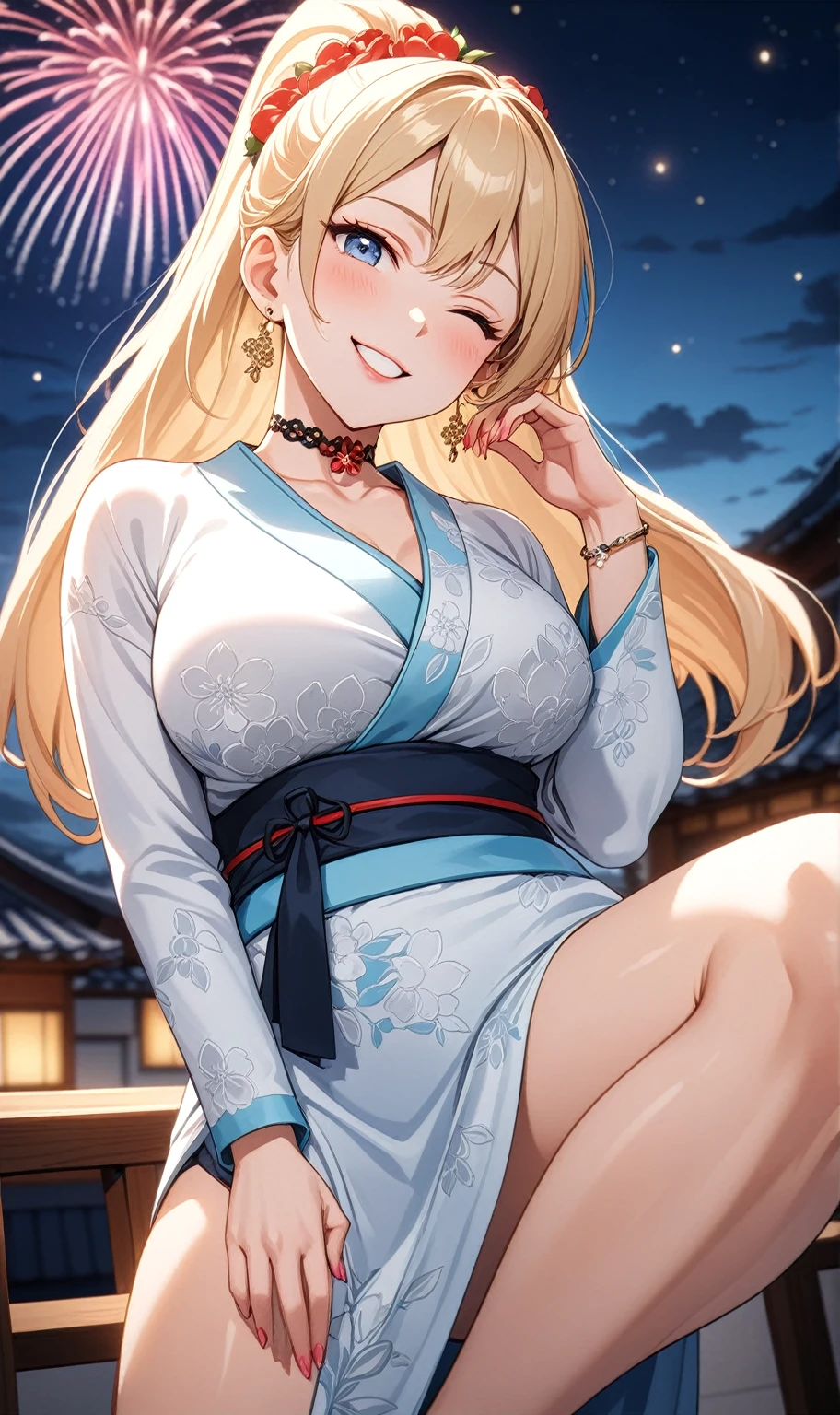 Masterpiece, Best Quality, (((Solo mature woman))), (((long blonde hair))),  (((wide hips))), (((beautiful blue eyes))), full lips, seductive smile, large chest, curvy, sexy, ((kneeling on bed)) (((wearing pink with white floral kimono))), [Janet], [Alice],  (((solo))), (((alone))), ((huge boobs)), (cleavage), crystal ball, tarot cards on bed, red curtains, messy hair, curly hair, perfect hourglass figure, cityscape in window, (((knife))), thick thighs, ready to breed