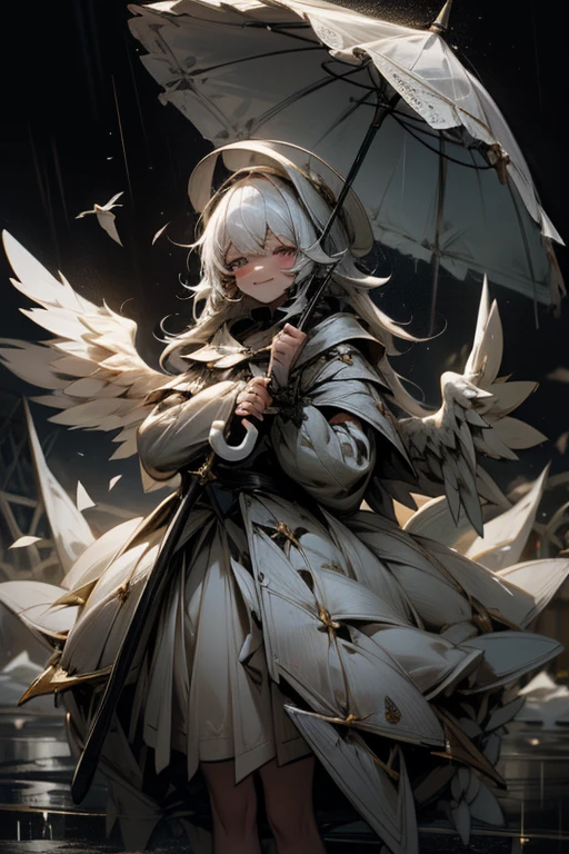 magician,White Dress,Angel Wings,Big umbrella,heavy rain,destruction,Crazy,darkness,smile,I'm sick,masked face,human_no,droid,Deus Ex Machina,horror style,artistic,rearistc,Black and grey world,perfect face,dark fantasy
