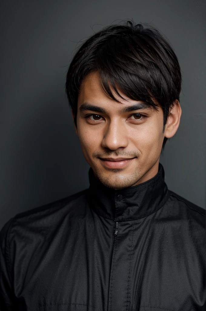 Pass photo, Man, Indonesia, asia, clean face, fade hair, wearing a black suit, smile, blue background,
