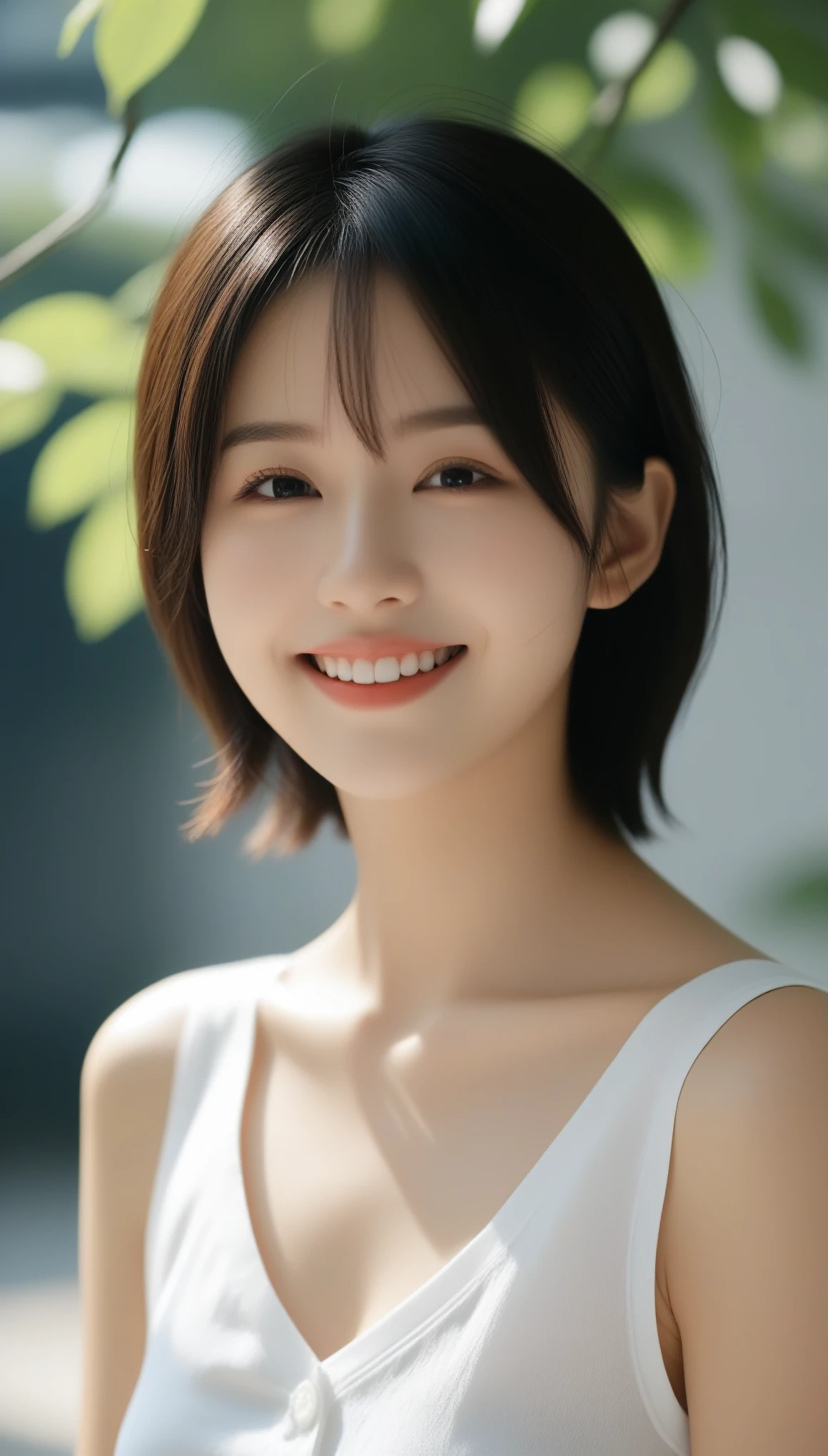 8K, Ultra-high resolution, Highest quality, masterpiece, Rule of thirds photograph,surreal, photograph, 1 Girl, (:1.3), pretty girl, Cute face, Beautiful eyes in every detail, Detailed,masterpiece,, One Girl:1.2, Japan Female Announcer,FACE CLOSE UP,Outdoor,street tree,White blouse,The chest buttons are open,Refreshing sweat,Full of sex appeal,sensuous,A carefree smile,Heal the heart,Black Hair,Short Bob,Looking at the audience、beauty,Long neck、Laugh a little、Please close your mouth and laugh、(((Ideal body type))),A cup small breasts :2,、Portraiture:2、Perfect Anatomy、clear detail、detailed、surreal、Light and shadow,Strong light