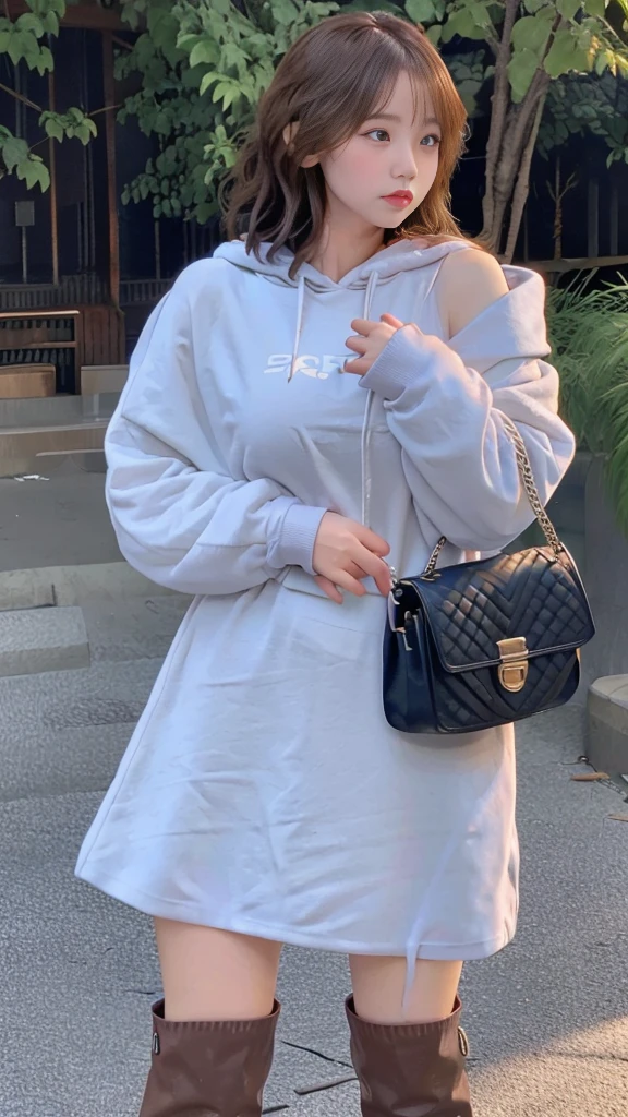 Beautiful woman in clothes、Female height 172 cm、Women in Their 20s、(masterpiece))、top-quality、high-level image quality、Ultra-detail、ighly detailed、face perfect、((solo))、full bodyesbian、Background 4K、cape:whole body:an legs=1:2:4、Perfect Style、the perfect body、Beautiful body、clong legs、g-cup、large full breasts、big butts、Beautiful waist、a short bob、Light blue hair、Eyes are ice blue、A detailed eye、outside of house、stockings、long boots、cropped hoodie、Shoulder bag、takeout、Town