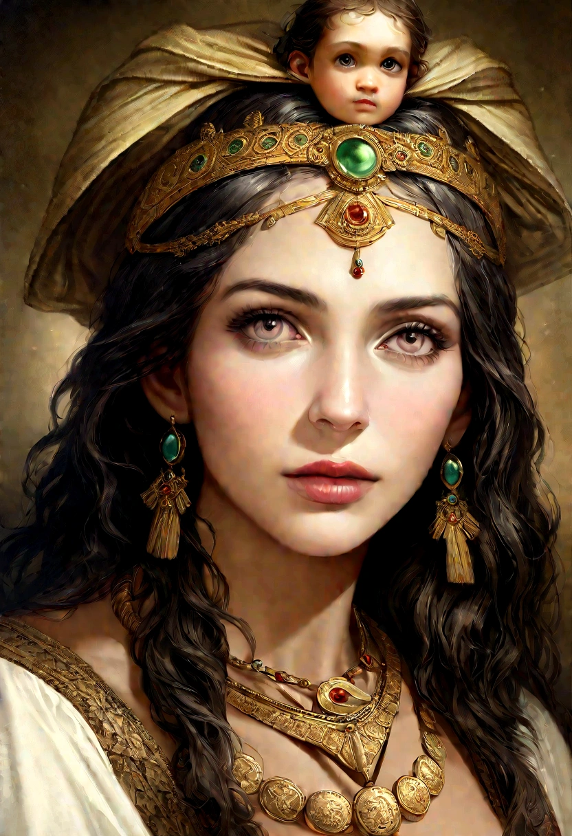 Characters from the Holy Bible, Ultra realistic 16x9 image with lots of enhanced details, Solomon's Wife, village saint george realistic human ultra realistic, inspired by green eva, greek , ancient woman , antique necklace, Tiara on head, antique jewelry, black light, oil painting, ancient ancient painting