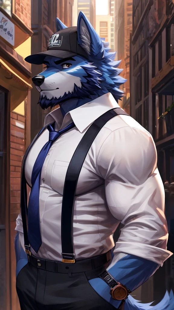 Furry, anthro, Wolf , Blue Fur ,Wearing Black Cap solo, shirt, 1boy, white shirt, Muscle body, male focus, collared shirt, pants, looking to the side, suspenders, pectorals, sleeves rolled up,Holding Black Coat, wristwatch, beard , (Ultra Details),(masterpiece)