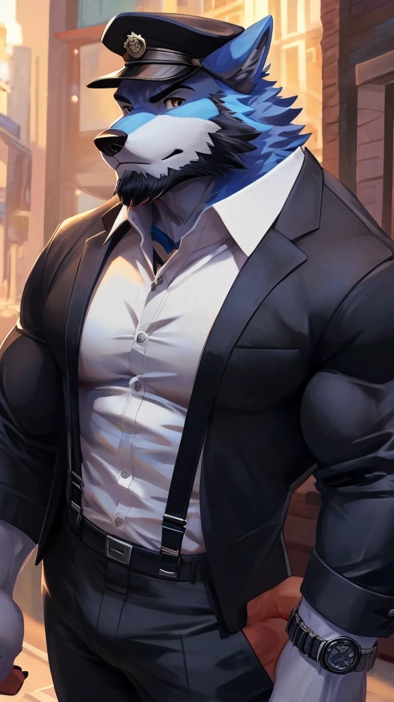 Furry, anthro, Wolf , Blue Fur ,Wearing Black Cap solo, shirt, 1boy, white shirt, Muscle body, male focus, collared shirt, pants, looking to the side, suspenders, pectorals, sleeves rolled up,Holding Black Coat, wristwatch, beard , (Ultra Details),(masterpiece)