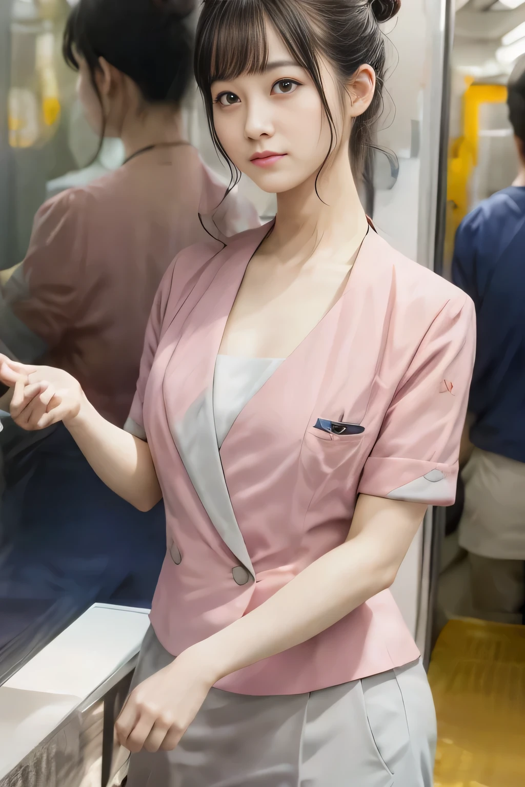 (masterpiece:1.2, Highest quality:1.2), 32k HDR, High resolution, (alone、1 girl)、(On the rooftop of a building in the daytime、Professional Lighting)、Building rooftop background、(Nankai train crew uniform pinkを着たリアルスタイル)、(Nankai train crew uniform pink short sleeve collarless pink jacket、Nankai Train Crew Uniform Pink Collarless Short Sleeve Blouse、Nankai Train Crew Uniform Pink Grey Knee-length Culottes)、((The bottom of the pink short-sleeved jacket cannot be tucked into the clay-colored culottes.))、Dark brown hair、(Hair tied up、Hair Bun、Hair Bun)、Dark brown hair、Long Shot、Big Breasts、Thin legs、((Great hands:2.0)),((Harmonious body proportions:1.5)),((Normal limbs:2.0)),((Normal finger:2.0)),((Delicate eyes:2.0)),((Normal eyes:2.0)))、(Nankai Train Crew Uniform Pink Grey Knee-length Culottesを見せた美しい立ち姿)、smile