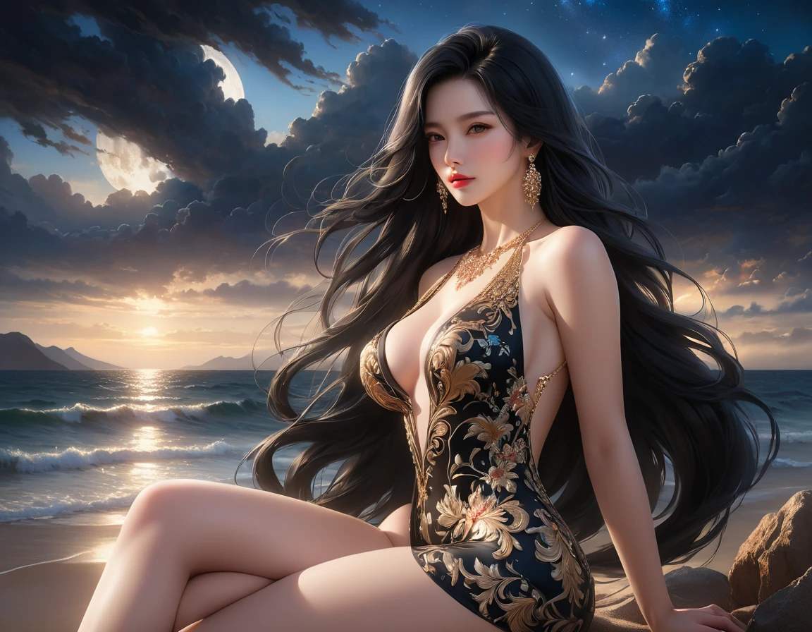 4K resolution,8K resolution,beautiful,Highest quality,Absolutely wonderful,Very detailed,Ultra-high resolution,masterpiece,(Realistic:1.5),(Realistic:1.5),Increased depth of field,Cinematic Light,
One elegant mature woman,
Long black hair,精巧なディテールのbeautiful顔,A face full of compassion,Transparent white skin,Very sensitive skin,Great proportions,Glamorous Body,Anatomically correct body,
Elegant high leg swimsuit,ornate designs,Gorgeous and detailed pattern,Beautifully detailed pattern,Detailed cloth texture,Decorated with lavish jewellery,
Dark clouds in the night sky,delay々The desolate coastline continues,Deserted beach,Dark sea surface,
(Dramatic Angle:1.5),