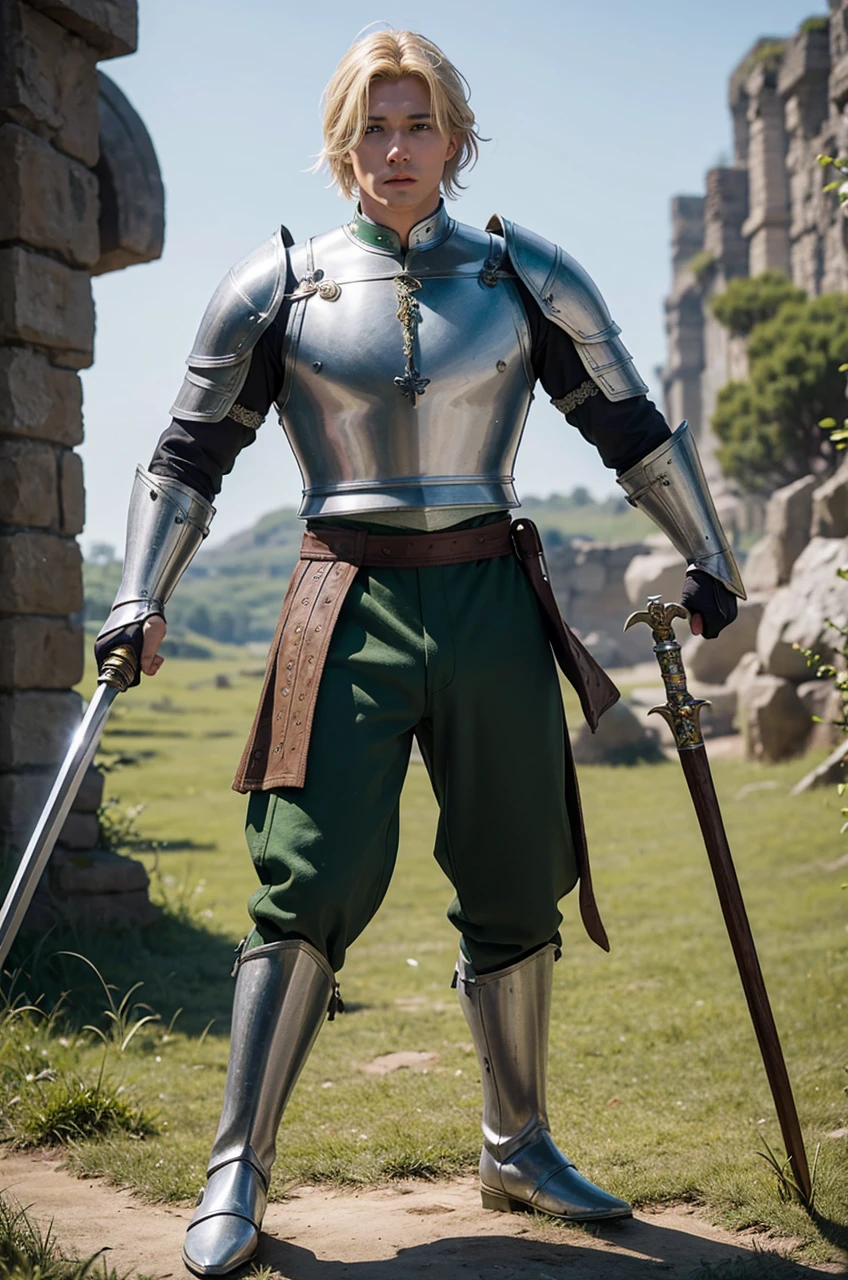 Male Youth with blonde hair, brown eyes and fair skin, wearing green medieval knight armor and gray trousers, gauntlets and boots, weilding spear, fullbody, medieval background, muscular