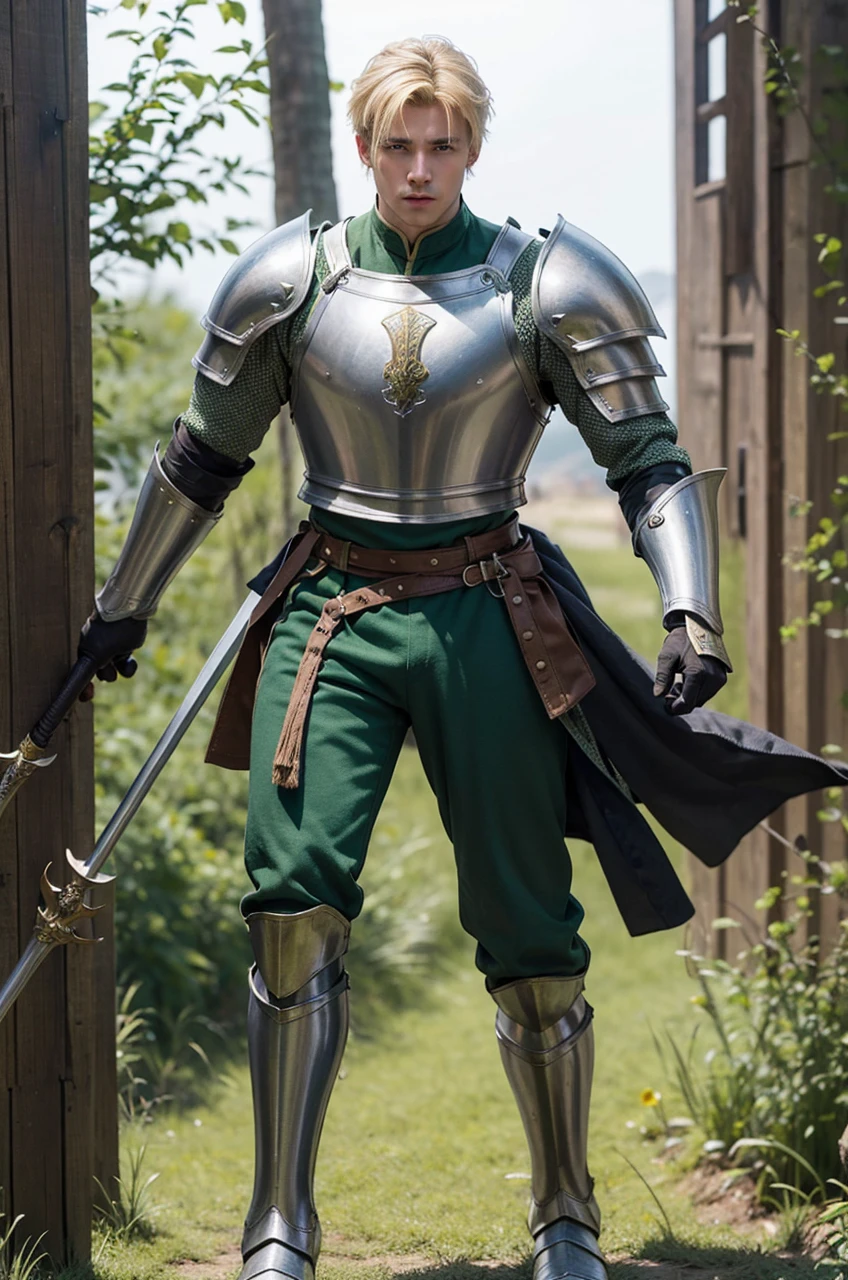 Male Youth with blonde hair, brown eyes and fair skin, wearing green medieval knight armor and gray trousers, gauntlets and boots, weilding spear, fullbody, medieval background, muscular
