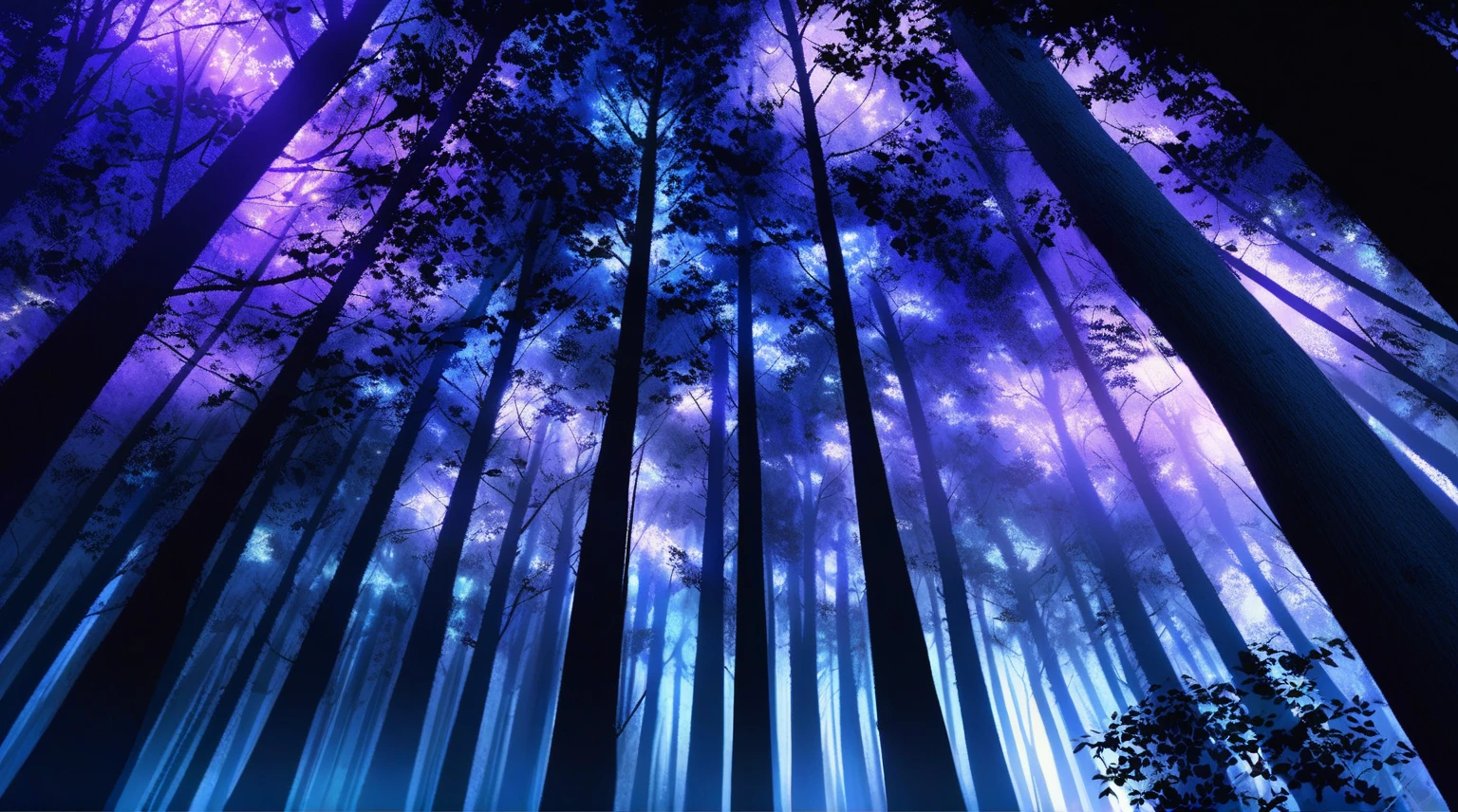 Tall Tree々and a painting of a forest with purple lights., an image of a Moonlight Forest, Night Forest, Night Forest, Deep forest at night, Blue Forest, foggy Night Forest, Moonlight Forest, Mysterious Forest, mysterious dense forest, Forest Night, 静かなForest Night景, Luminous Forest, dense lush Night Forest