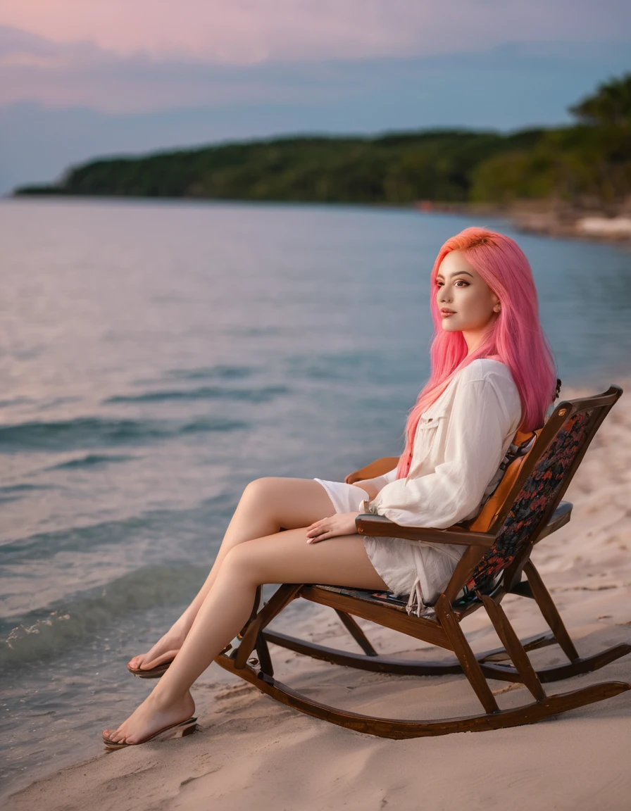 beautifull woman with long pink hair, wearing beach wear, sitting on a chair on the beach, sitting in the beach, sitting on a rocking chair, man sitting facing away, Shot with Canon eos 5d mark IV, sitting relax and happy, Sat down, Cooldown time. Good view, sitting in front of the lake, Shot with Canon EOS 5D, Portrait shooting,orange sunset