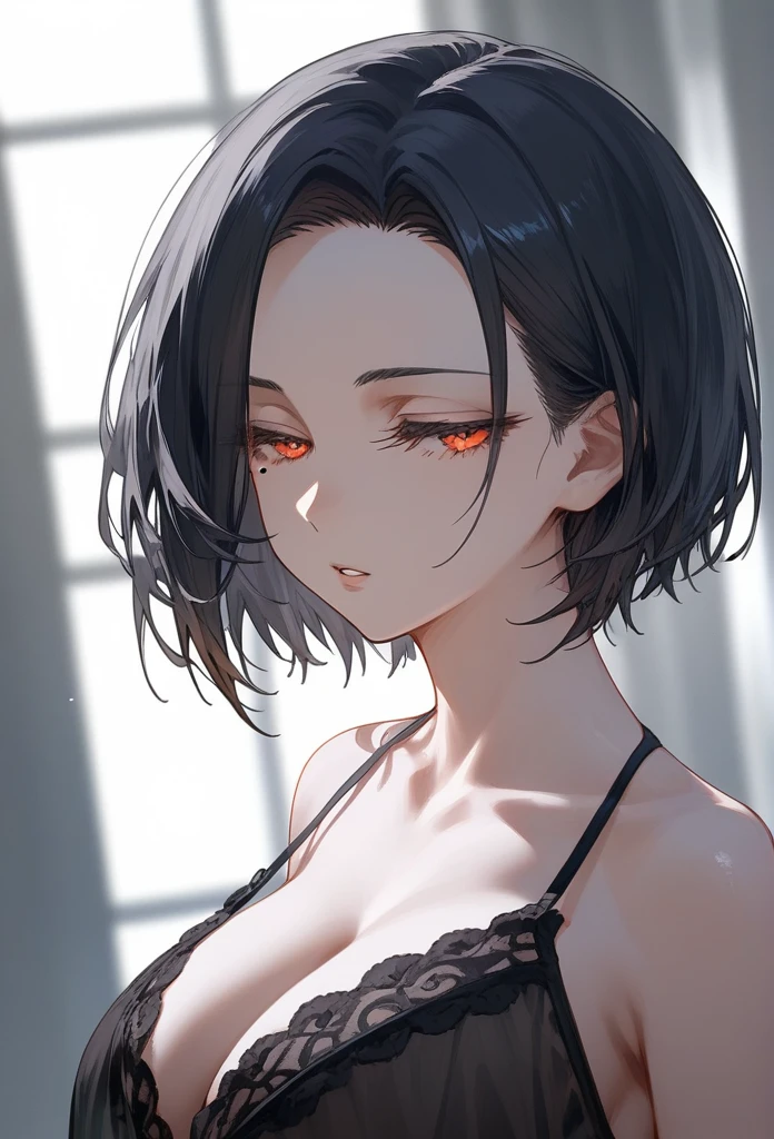 
masterpiece, Score_9, Score_8_up, Score_7_up, rear view, 1 woman, alone, dark black hair, very short hair, long parted bangs, gold and orange eyes, half-closed eyes, parted lips, expressionless, pale skin, large breasts, top body, black Nightgown with transparent V-neck, long open bangs, with a mole under the mouth, cut style (boy), No bangs.
