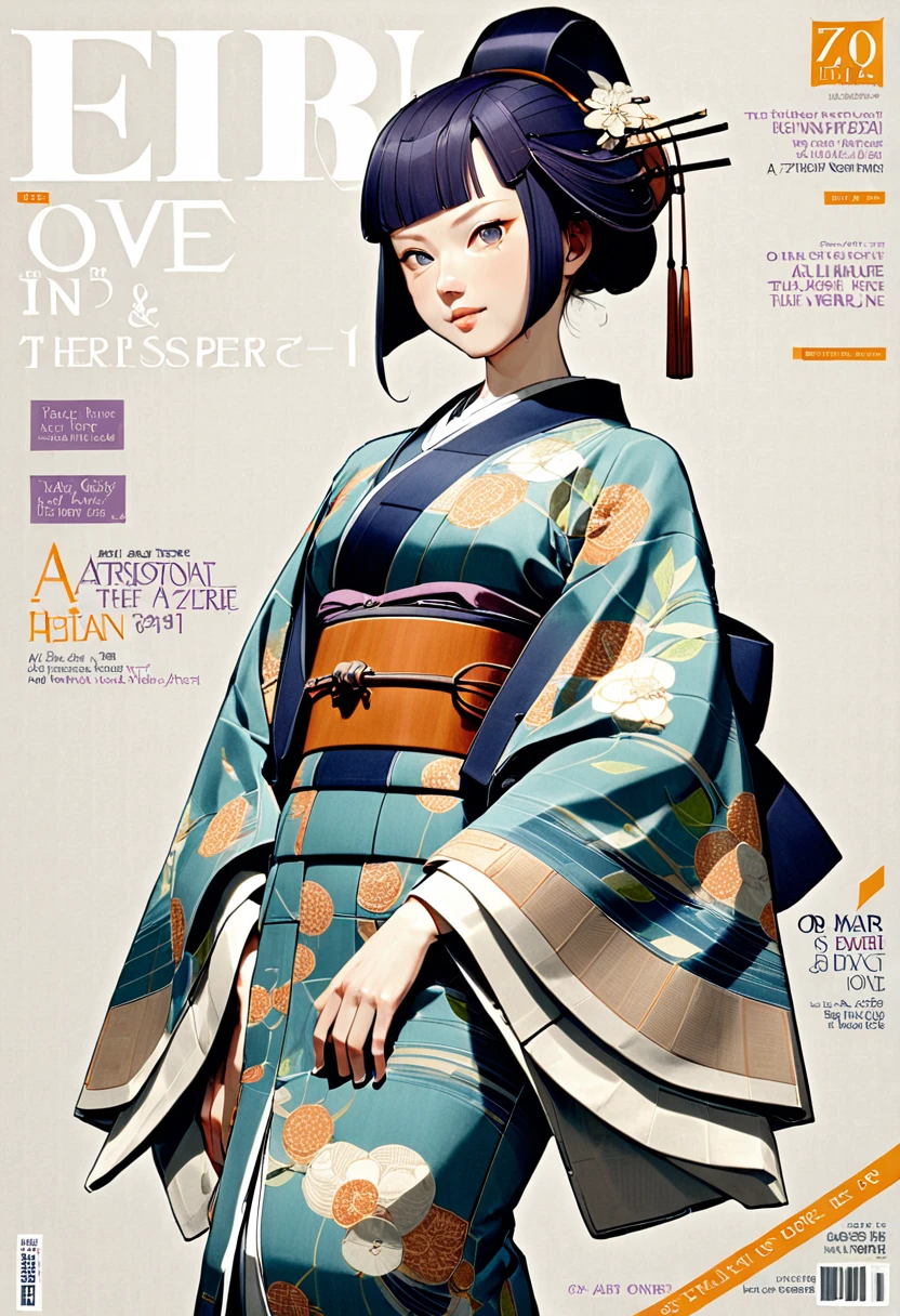 (masterpiece, ultra detailed,best quality),
(fashion magazine cover:1.3),A girl wearing an aristocratic kimono from the Heian period,BREAK.(yo,cute,detailed face,(darkblue wavy-short hair),parallel eyebrows),dynamic pose,