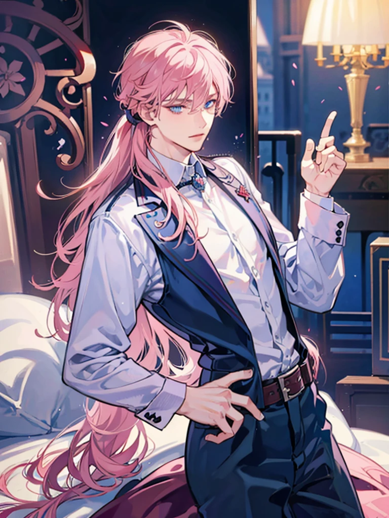 1 male, pink hair, blue eyes, not smile, cool man. mafia. bad boy. like a prince