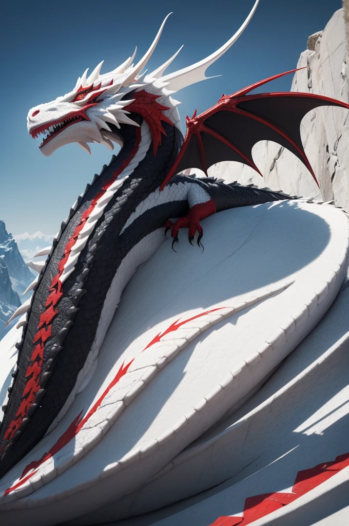 a dragon of white colors with black red mixed in the body and two heads on the dragon in the mountain realistic Full.