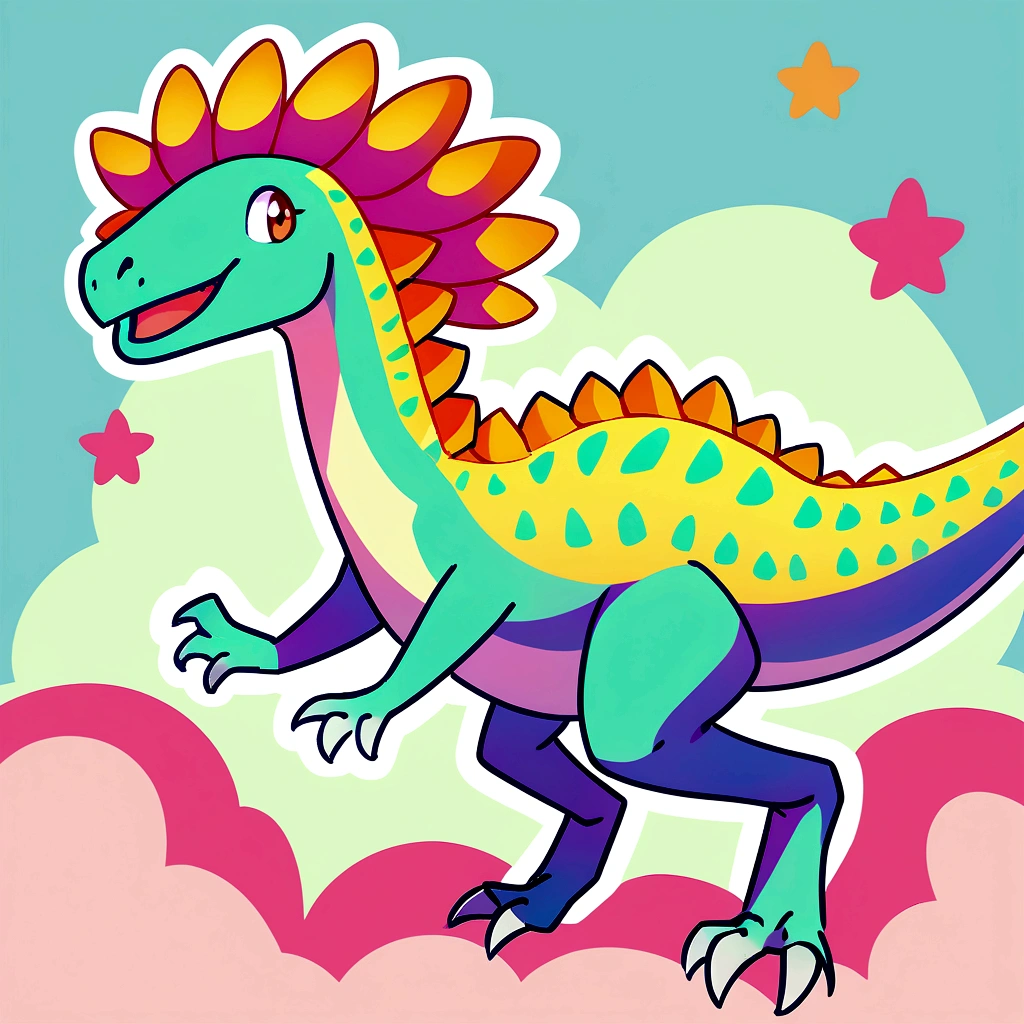 Create a highly detailed and stylized digital artwork of a dinosaur for a children's bedroom wall art, optimized for A4 size. The dinosaur should be depicted in a cartoon animation style with vibrant colors and a playful, friendly expression. The design should include intricate details, such as textured skin, expressive eyes, and dynamic poses. The background should be simple and pastel-toned to complement the dinosaur's vibrant appearance without detracting from the character. The overall design should be engaging, full of personality, and visually striking, perfect for captivating a child's imagination.