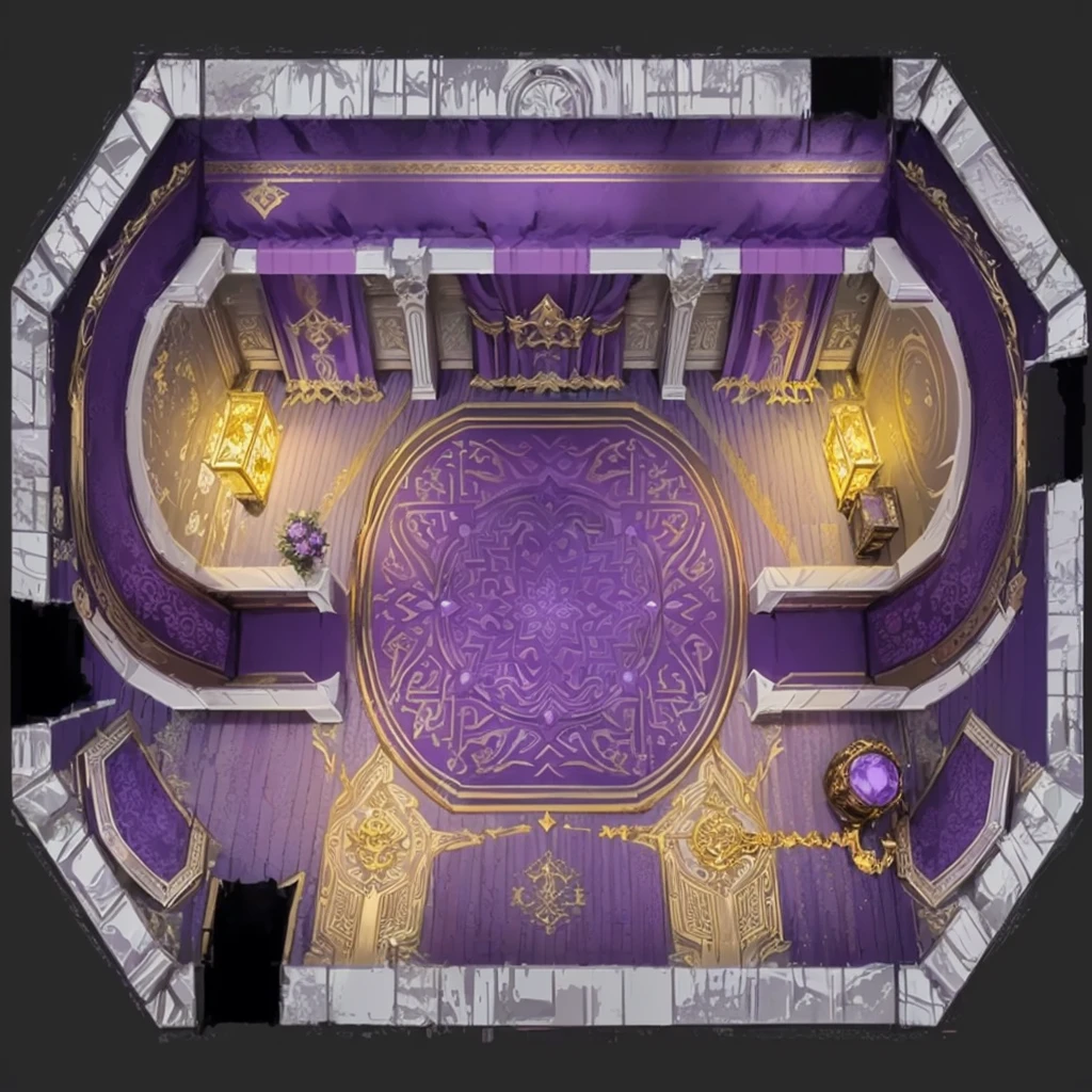 Purple and Gold Room,Purple carpet, decadent The Golden Throne Room, exquisitely designed The Golden Throne Room, The Golden Throne Room, Stunning mysterious background, odin's stone Arena Background, Palace Background, Kingdom of Light Background, rustic The Golden Throne Room, The intricate interior of the castle, Purple and gold color scheme, Arena Background, ballroom background, Detailed game art, Gorgeous border + Concept Art