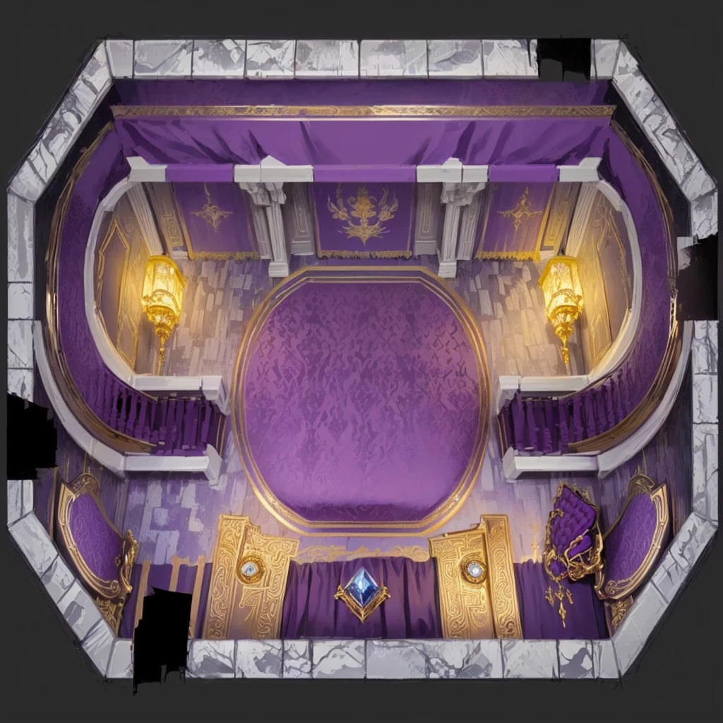 Purple and Gold Room，Purple carpet, decadent The Golden Throne Room, exquisitely designed The Golden Throne Room, The Golden Throne Room, Stunning mysterious background, odin's stone Arena Background, Palace Background, Kingdom of Light Background, rustic The Golden Throne Room, The intricate interior of the castle, Purple and gold color scheme, Arena Background, ballroom background, Detailed game art, Gorgeous border + Concept Art