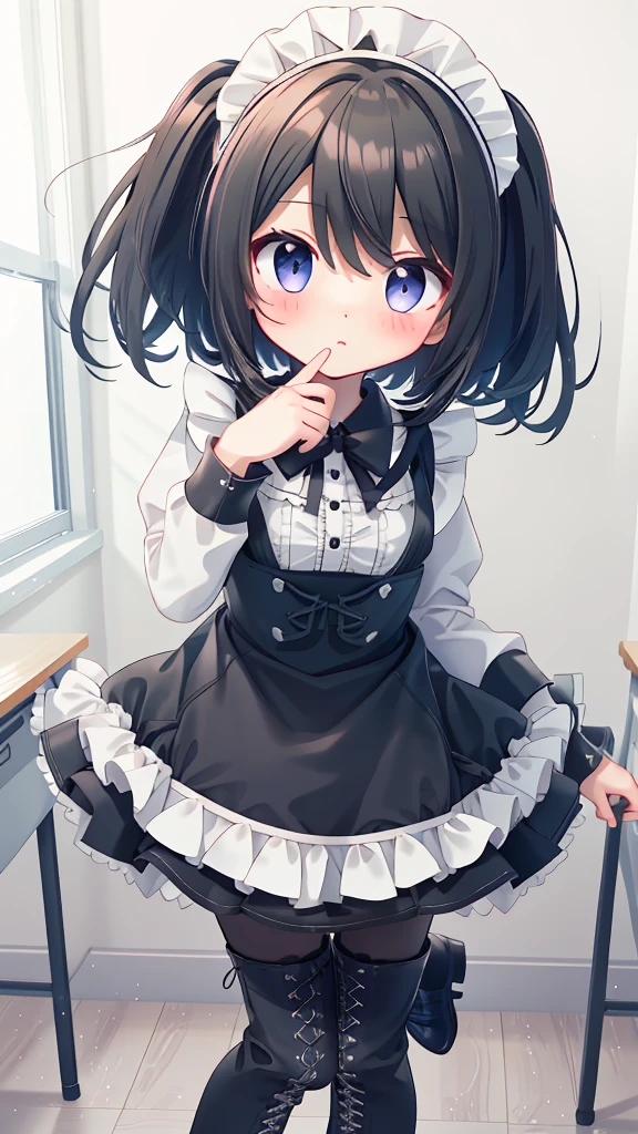 girl,Black short hair,maid outfit,Black lace-up boots,White pantyhose,Blushing shy,Classroom scene,demon