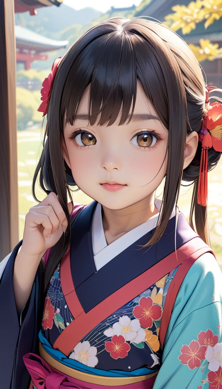 Close-up of 9 year old Japanese girl's ecstatic climax face'Eyes wearing silver-white mirrored lens sunglasses、I looked at the world reflected in the lenses of my sunglasses..(Side Pony,Colorful Hair),